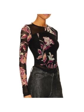 Free People Bettys Garden Mesh Floral Top Blouse Size Large Whimsigoth Fitted